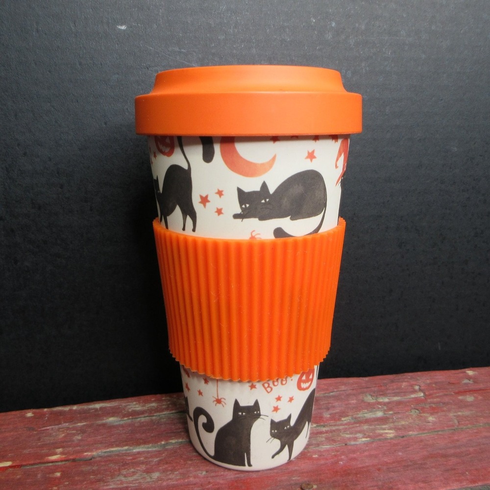 Cambridge Reuse ME Halloween Black Cat Travel Mug Orange Lid & Sleeve Dishwasher